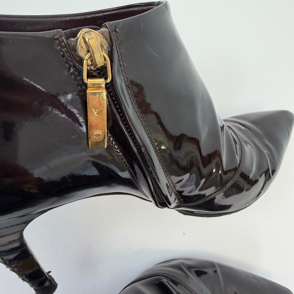 Louis Vuitton Patent Leather Ankle Boots 36.5 Black Pointed Gold‎ Zip Heels - Picture 11 of 12